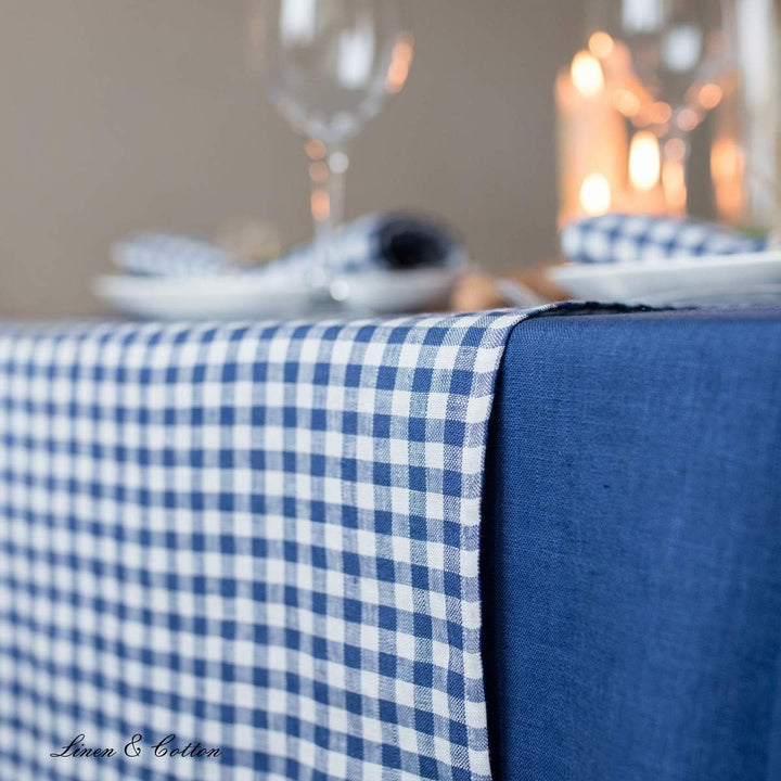 Linen &amp; Cotton Tischläufer Stoff Tischdekoration Tischwäsche Estella - 100% Leinen, Weiss Weiss Blau