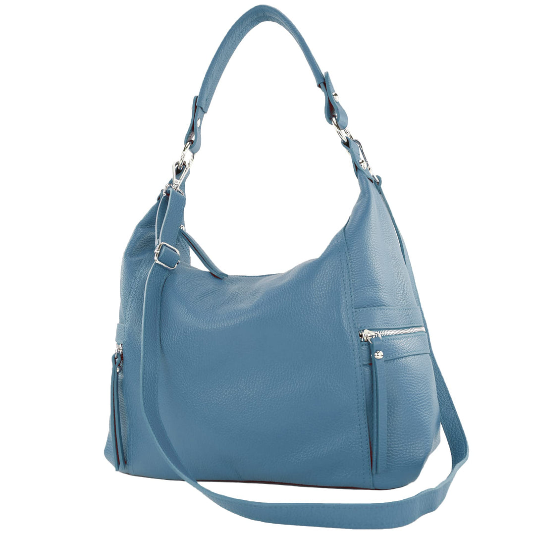 modamoda de - T229 - ital Schultertasche Shopper aus Leder Signalblau, Signalblau
