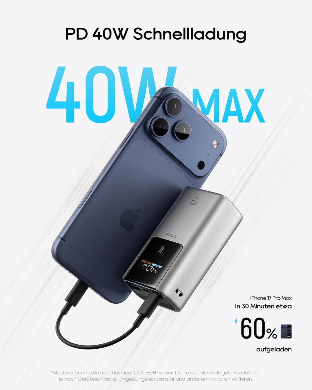CUKTECH 10 Mini 55W Powerbank Schnellladung, 10000mAh(2S1P) tragbarer Ladegerät USB-C EIN- und Ausga