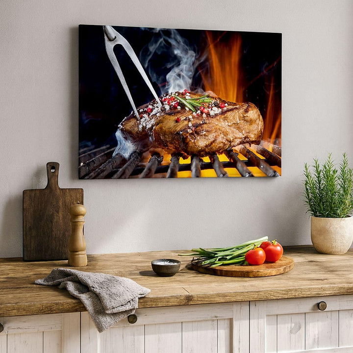Bilder auf Leinwand 100x70cm Leinwandbild Steak Grill Flammen Essen Gross Wanddeko Bild Schlafzimmer