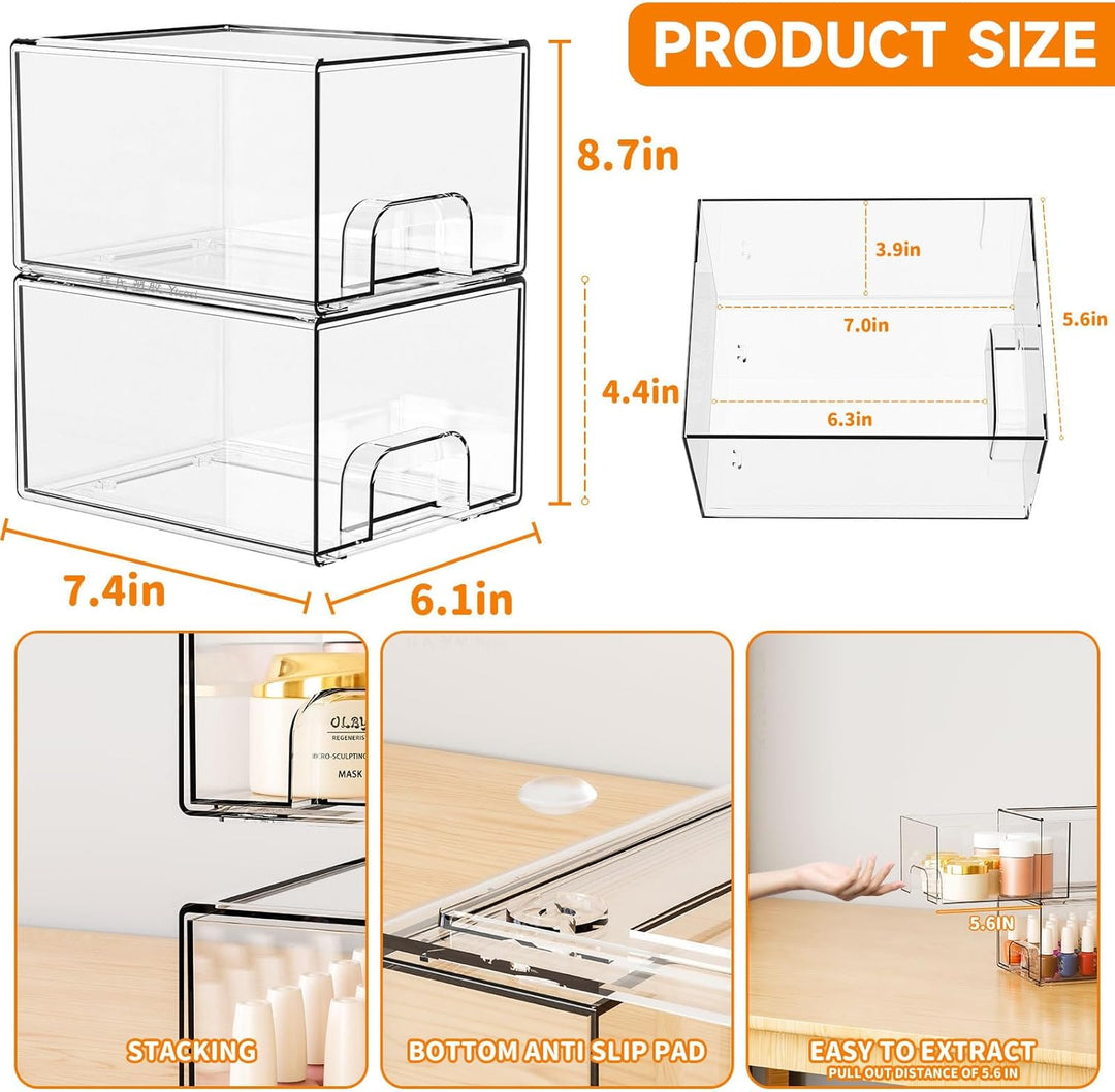 2 Stück Schubladen Organizer,Stapelbare Aufbewahrungsschubladen,Transparent Badezimmer Organizer,Acr