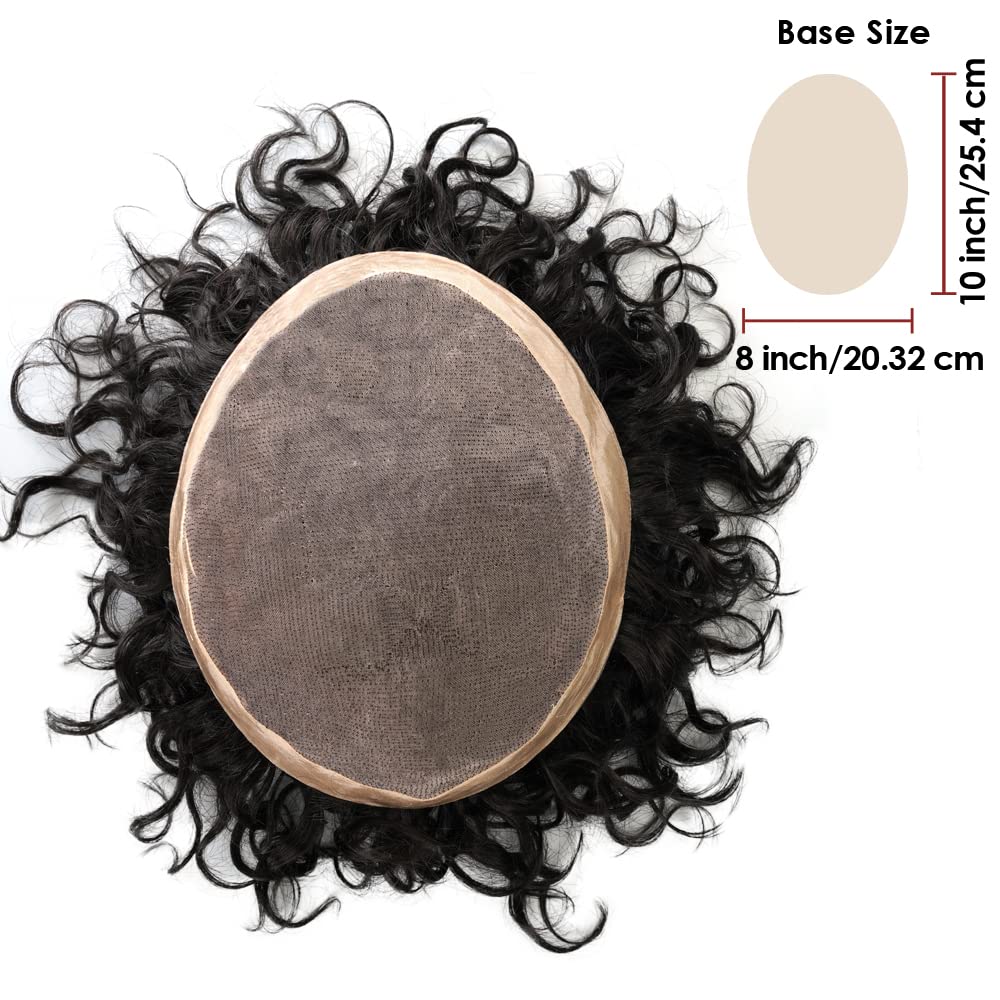 Lordhair Lockige Toupet für Männer, Echthaar-Toupet, Haarersatzsystem(Off Schwarz 1B#) 20*25CM 20 MM