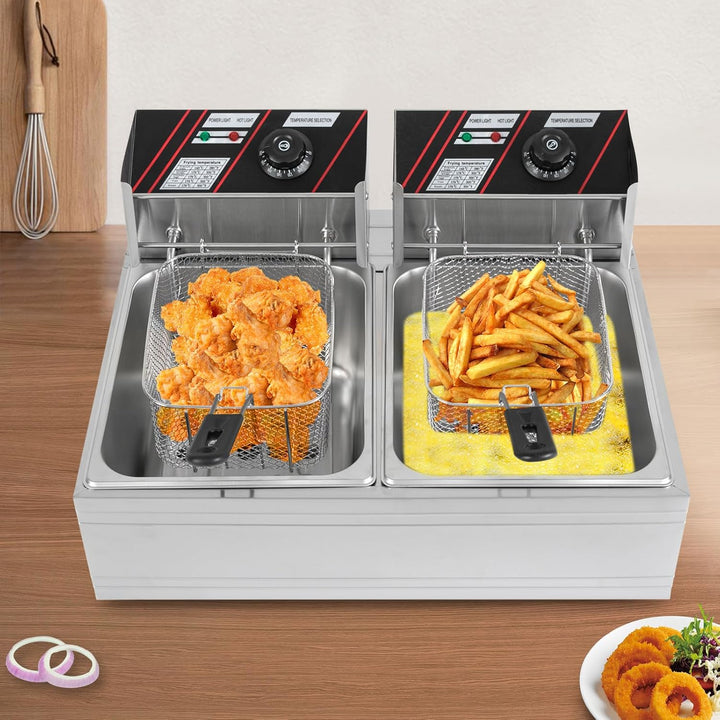 Friteuse Edelstahl 12L, 2.5KW+2.5KW Doppelfriteuse mit 4 Tubi Flessibili, Friteuse Öl mit Fettablauf