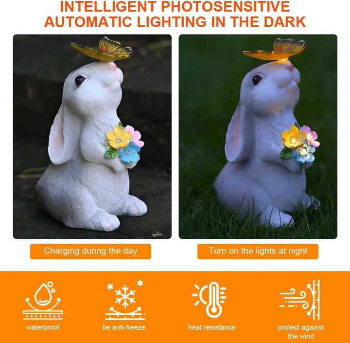 Solar Kaninchen Figuren Gartendeko für Draussen, Kaninchen Gartenstatuen mit Solarlicht, Osterhase m