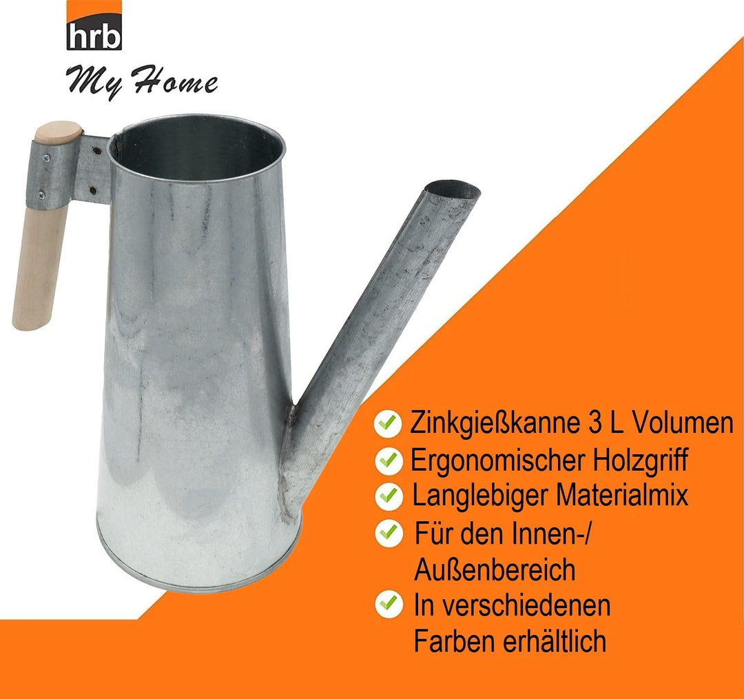 HRB Zinkgiesskanne 3 L mit Holzgriff für den Aussen-/Innenbereich, Giesskanne feuerverzinkt, Metallg