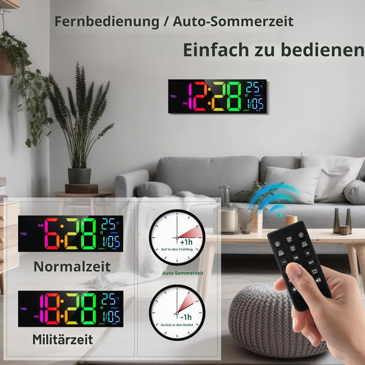 Wanduhr Digital - 8 Farben Digitale Wanduhr 16,2" Grosse Digitale Uhr mit Temperatur, Datum, Nachtli