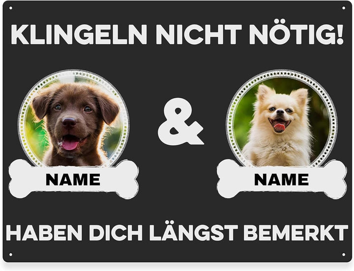 Hunde Schild personalisiert - Klingeln nicht nötig - Metallschild mit Foto und Name für aussen, wett