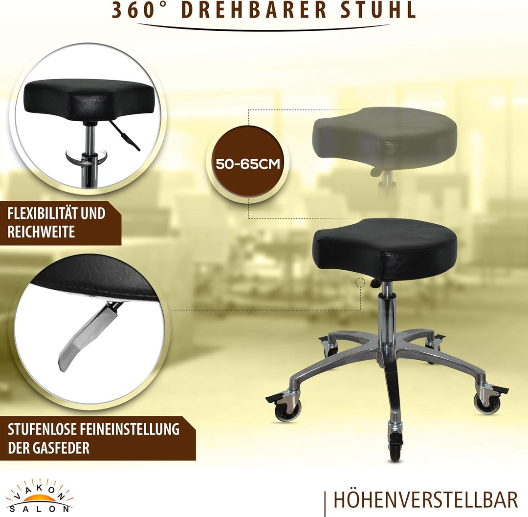 VAKON SALON - Ergonomischer Rollhocker - Premium Rollen mit Bremse - Höhenverstellbarer von 50-65 cm