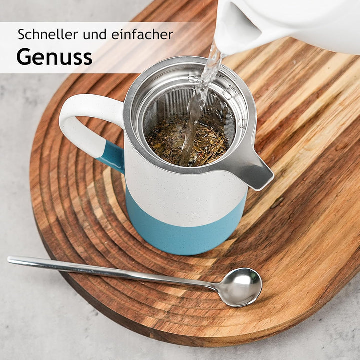 MIAMIO - Tee Tassen Set 2 x 500 ml mit Deckel und Sieb/Keramik Tee Becher mit Teeei und Löffel für d