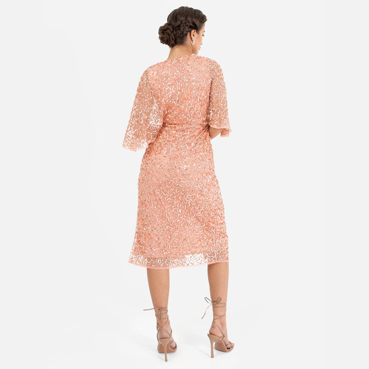 Maya Deluxe Womens Midi Dress Ladies Sequin Embellished Cape Sleeve Wrap Dress for Wedding Guest Bri