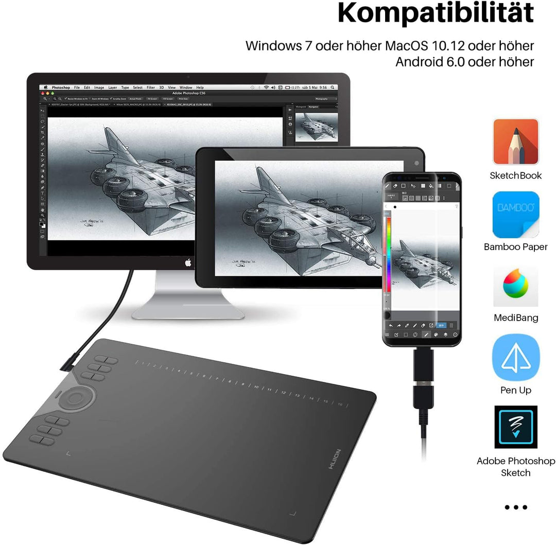 HUION HS610 Battery-Free Graphics Tablet, 12+16 Programmable ExpressKeys, 8192 Levels, 5080LPI with