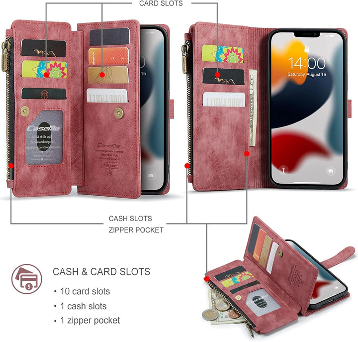 QLTYPRI Handyhülle für iPhone 13 Pro, Reissverschluss Hülle PU Leder Klapphülle Kartenfach Geldbörse