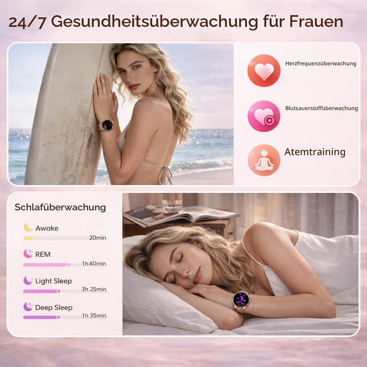 Smartwatch Damen Rund, 1,27" HD Smart Watch mit Telefonfunktion, 120+ Sportmodi, IP68 Wasserdicht Fi