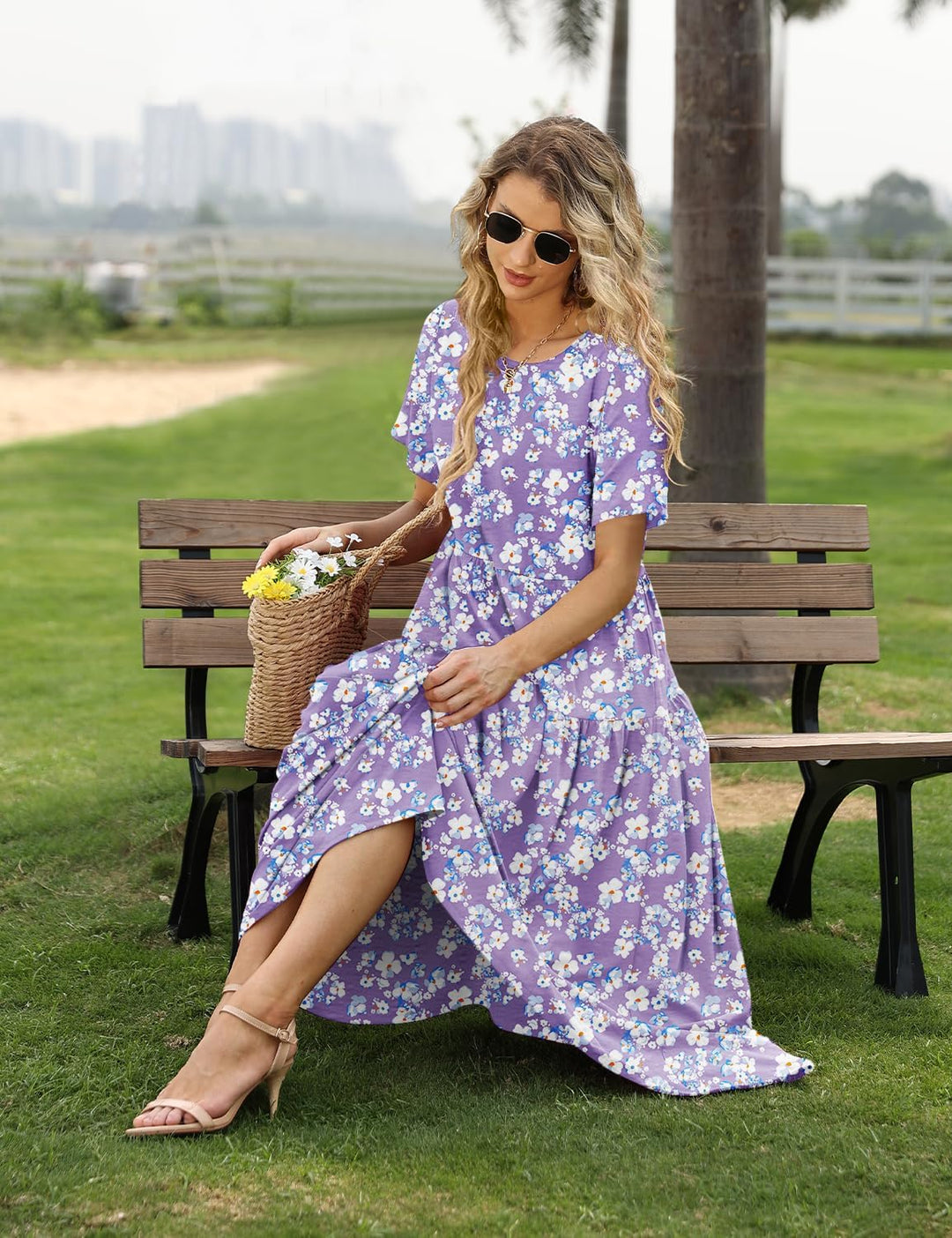 YESNO Damen Kleider Freizeit Lose Sommerkleid Lang Boho Maxikleid für Rundhals Strandkleid Blumenkle
