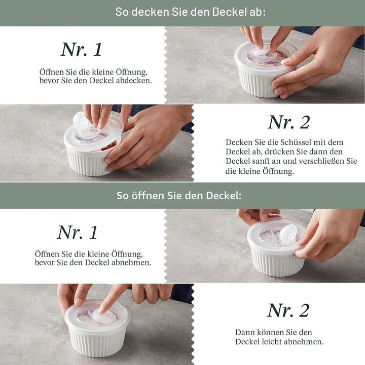 DOWAN Creme Brulee Schälchen mit Deckeln, 6 X 180ml Porzellan Souffle Förmchen Backofenfest, Auflauf