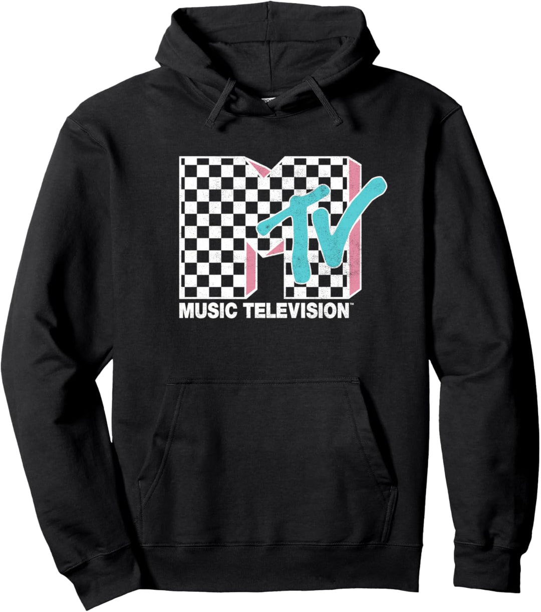 MTV Neon Distressed Checkered Logo Pullover Hoodie
