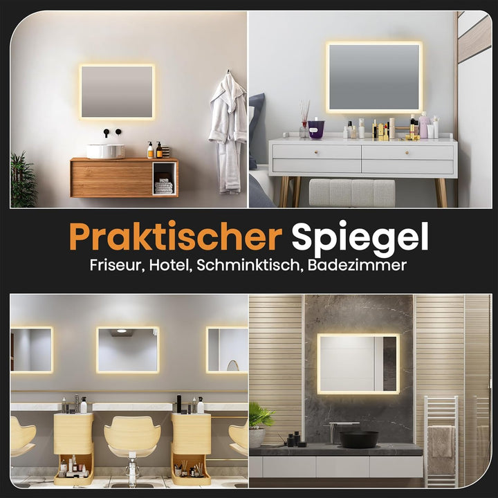 EMKE® Badspiegel mit Beleuchtung 70x50cm Badezimmerspiegel 3000K Warmweiss Wandschalter Vertikal/Hor