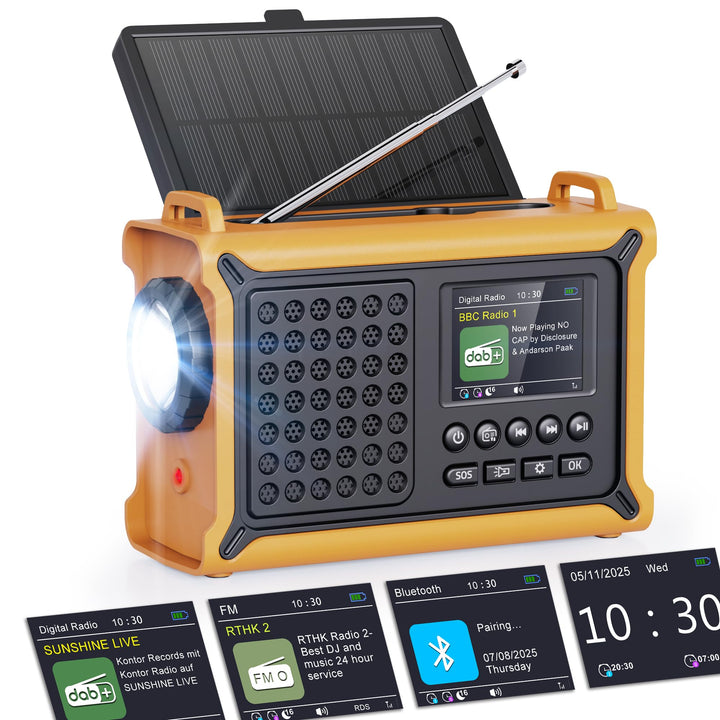ROCAM DAB+/UKW Radio mit Bluetooth, 12000mAh Kurbelradio mit 8500mm² Solarpanel & 650mA Kurbel, Trag