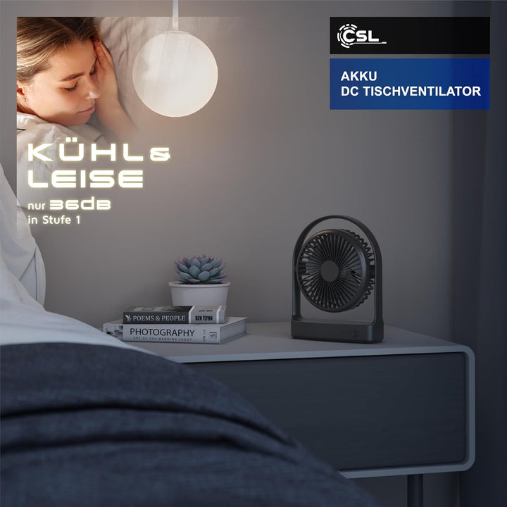 CSL - Akku Tischventilator – Mini Ventilator USB – DC Motor Brushless silent sehr leise – 4000 mAh L