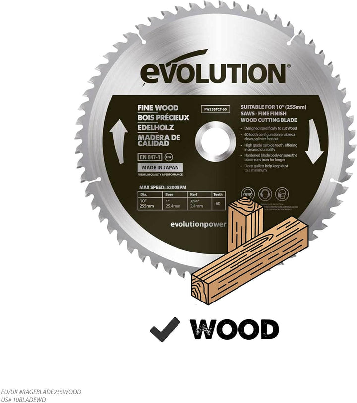 Evolution FW255TCT-60 - 255 mm feines Holzsägeblatt - Hartmetallbestücktes Sägeblatt mit 60 Zähnen l