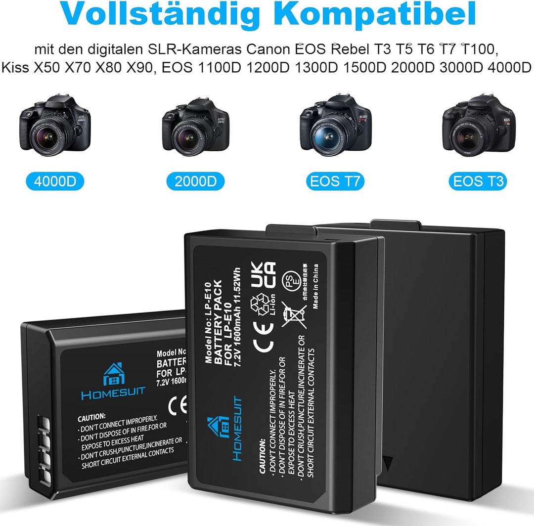 Homesuit LP-E10 Akku 1600 mAh und lp-e10 Ladegerät für Canon EOS 1100D, EOS 1200D, EOS 1300D, EOS 20