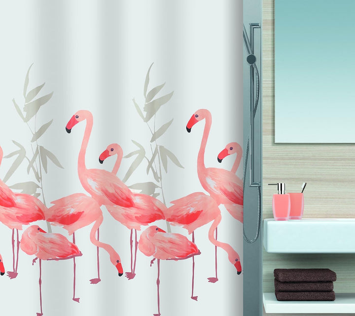 Spirella Anti-Schimmel Duschvorhang Flamingo Anti-Bakteriell, waschbar, wasserdicht Polyester 180x20