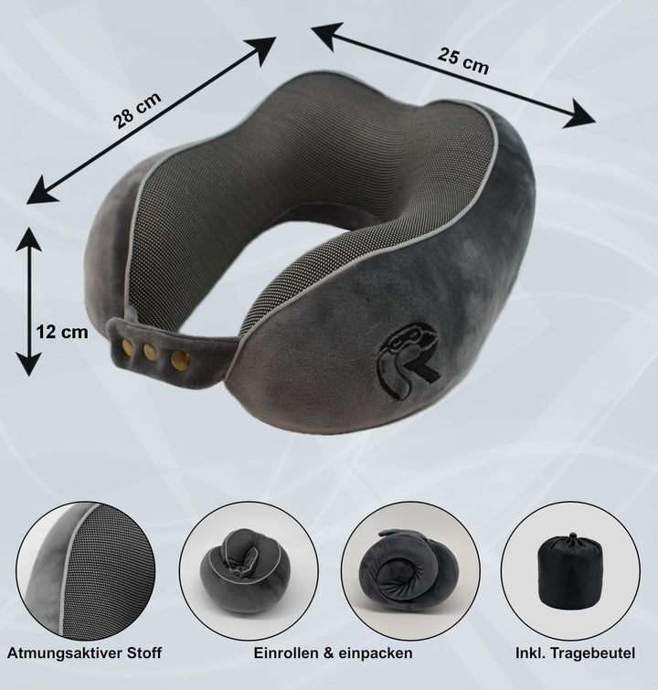 RAWS Reisekissen - Verstellbares Memory Foam Nackenkissen mit flexiblen Druckknöpfen für 360° Stütze