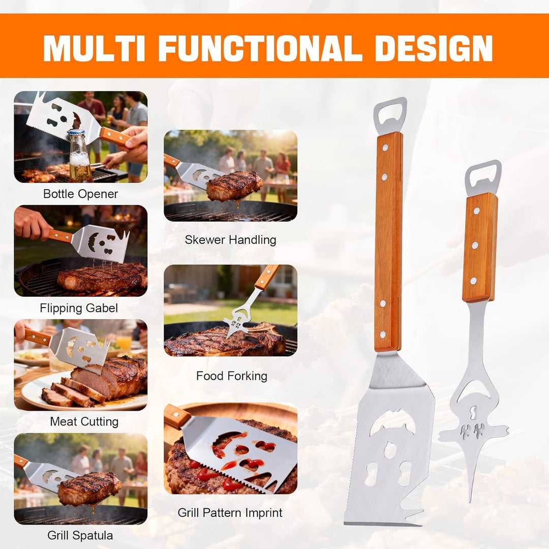 7 in 1 grillspachtel, 420 Edelstahl Grillbesteck Set für Barbecue Grill, mit 22 cm Holzgriff,Einziga