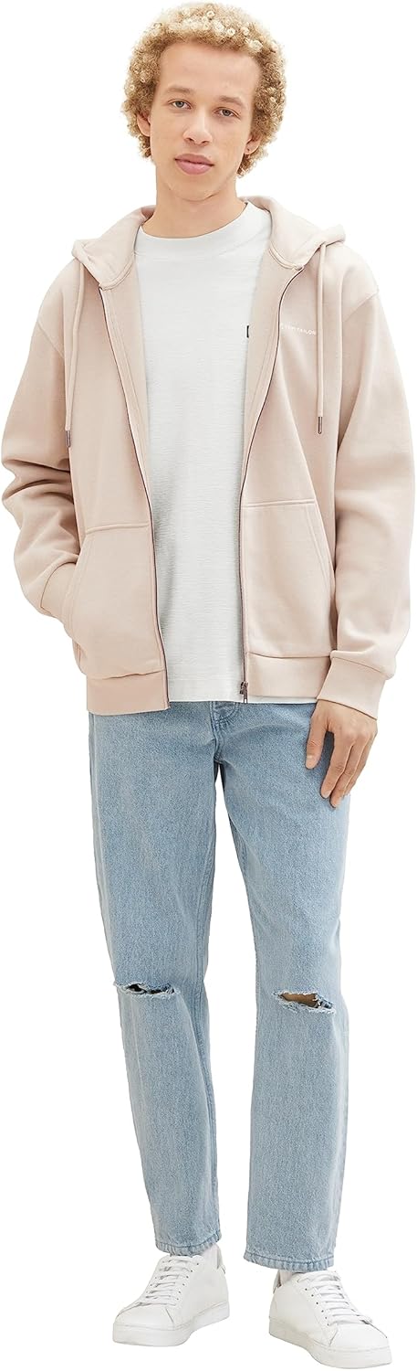 TOM TAILOR Denim Herren Basic Kapuzenjacke mit Logo-Print S 11704-silver Ecru, S 11704-silver Ecru