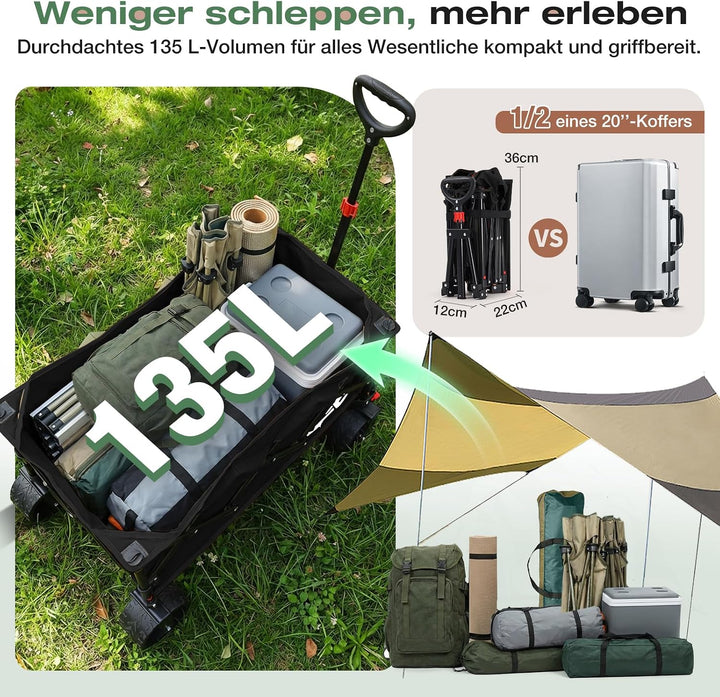 Sekey XXL Bollerwagen Faltbar 135L 150KG Belastbar, Leichter Faltbollerwagen mit Breite 17x8,5cm Räd