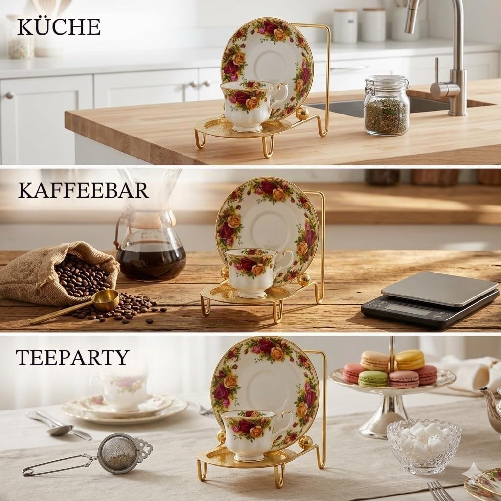 HOHIYA Ständer für Teetassen und Untertassen, Ständer für Teetassen, Staffelei, geätzte Basis, Gold,