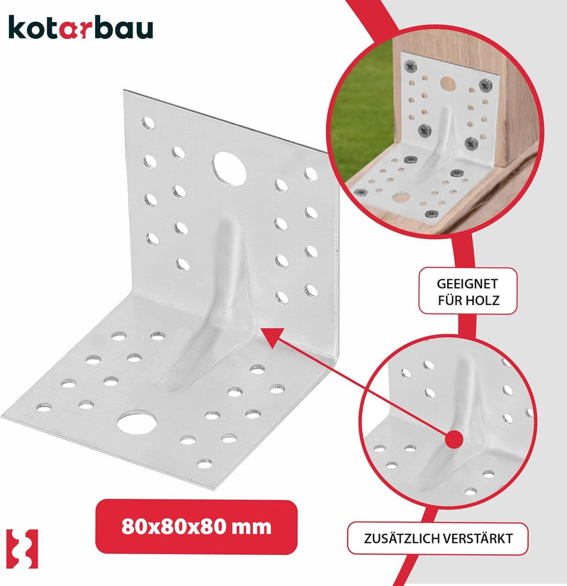 KOTARBAU® 25 Stk. Winkelverbinder 80x80x80 mm mit Rippe Sicke Lochwinkel Bauwinkel Holzverbinder Bal