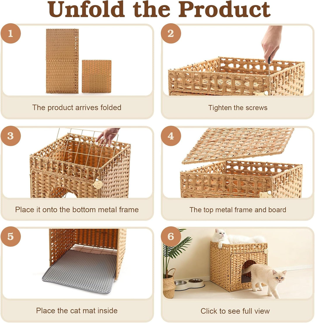 Geflochtenes Rattan-Katzentoiletten-Möbel mit Matte und Zaun, verstecktes Design, 47 x 50 x 48 cm, N
