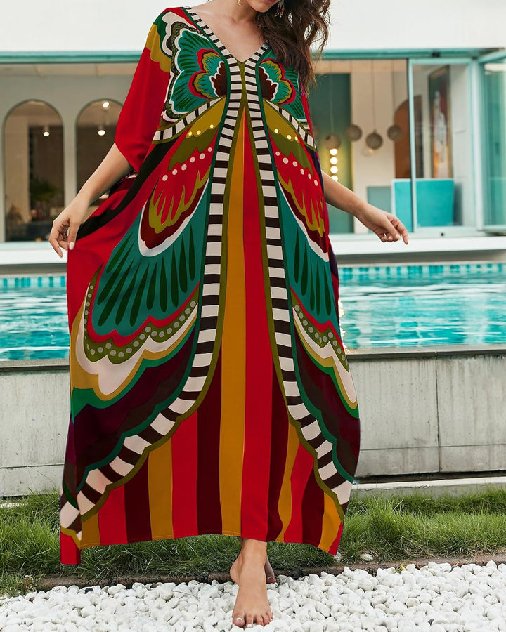 Bsubseach Lose Kaftan Kleider für Frauen Kurzarm Badeanzug Cover Up Casual Urlaub Outfits Rot Schmet