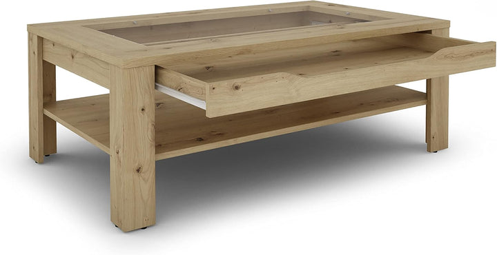 byLIVING Couchtisch RALPH/moderner Sofatisch mit Glaseinlage und grosszügiger Schublade in Eiche-Opt