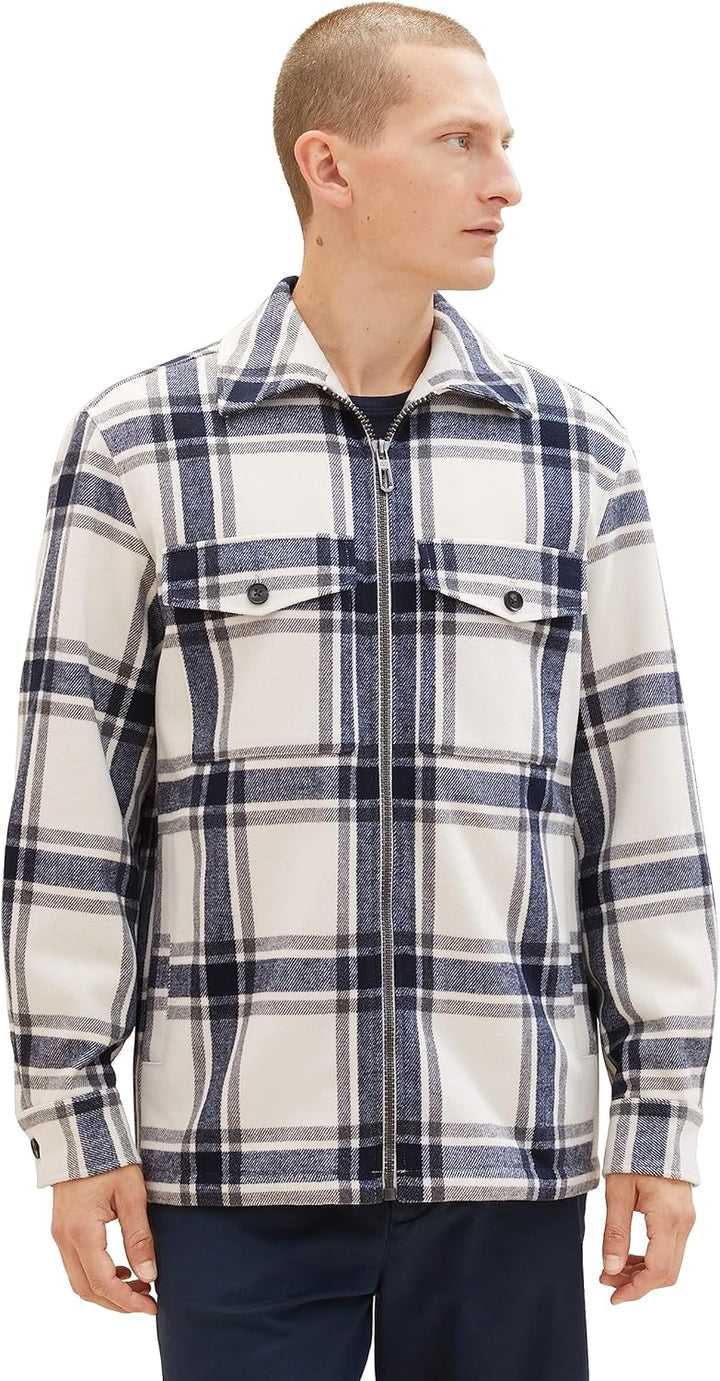 TOM TAILOR Herren Flanell Karo-Jacke mit Teddyfell im Innenfutter M 32517-beige Wool Check, M 32517-