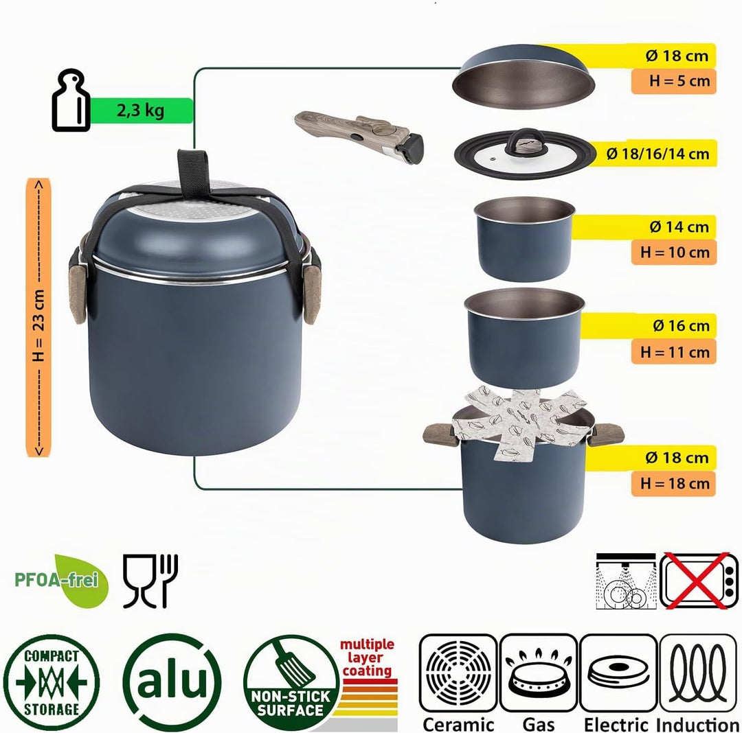BRUNNER Camping HOHES Kochgeschirr-Set Alu (Töpfe und Pfannen) - ø 18, 20, 22 cm TORRALTA Vakublock