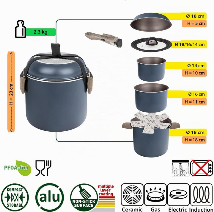 BRUNNER Camping HOHES Kochgeschirr-Set Alu (Töpfe und Pfannen) - ø 18, 20, 22 cm TORRALTA Vakublock