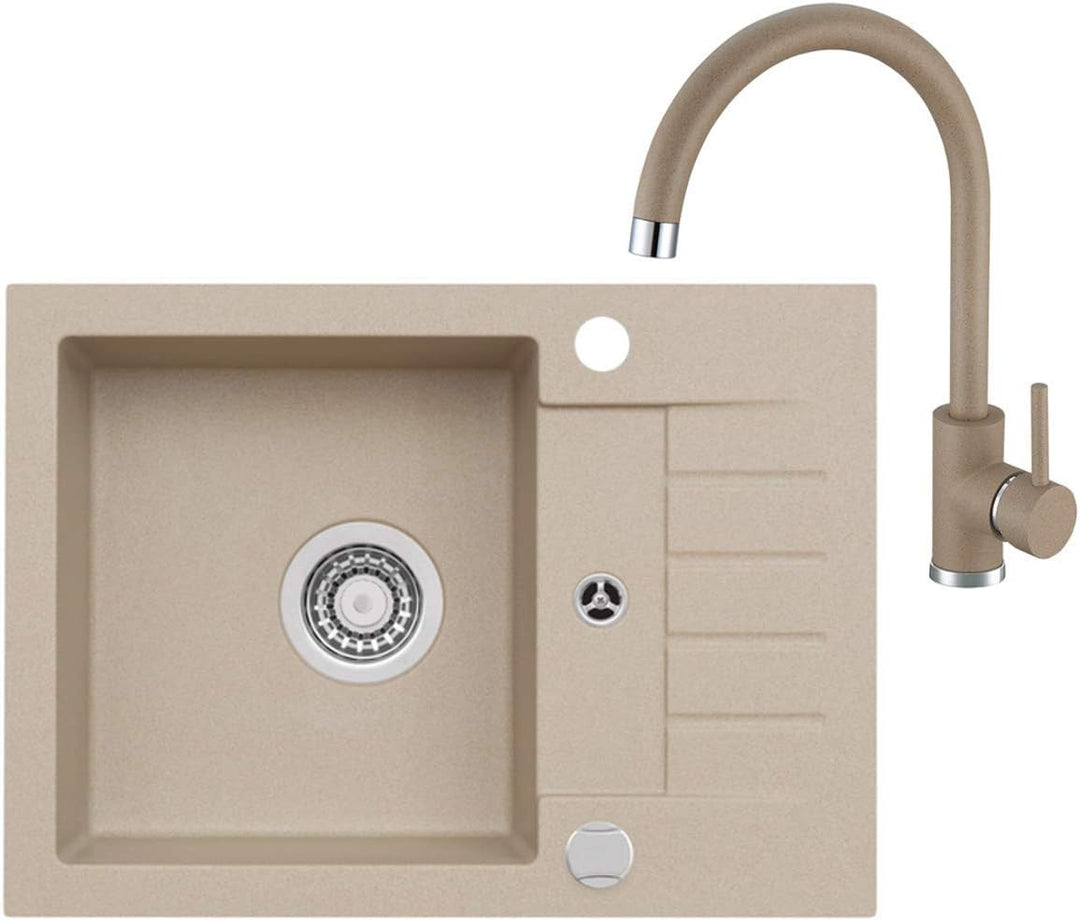 VBChome Beige Schwarz 58 x 42 cm mit Spültischarmatur Granit Einzelbecken Einbauspüle gesprenkelt re