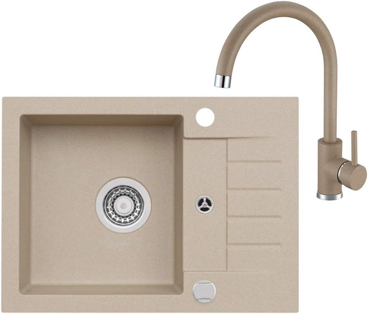 VBChome Beige Schwarz 58 x 42 cm mit Spültischarmatur Granit Einzelbecken Einbauspüle gesprenkelt re