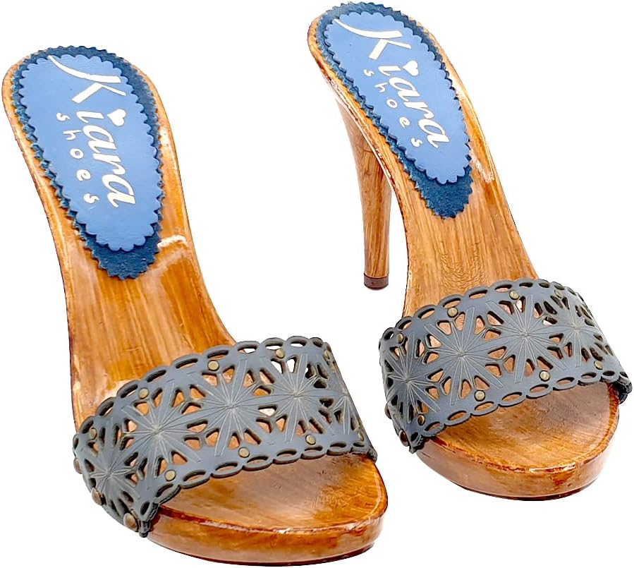 Kiara Shoes Damen-Mule mit Obermaterial aus blauem Leder und hohem Absatz - KM71401 BLU (42 EU, BLAU