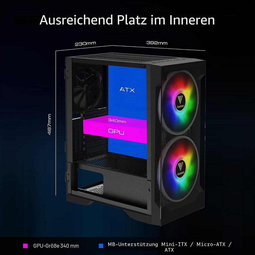 GAMDIAS Apollo E2 Elite Gaming-PC-Gehäuse, Mid-Tower-ATX-Gehäuse, gehärtete Glasscheibe, 3Dual einge