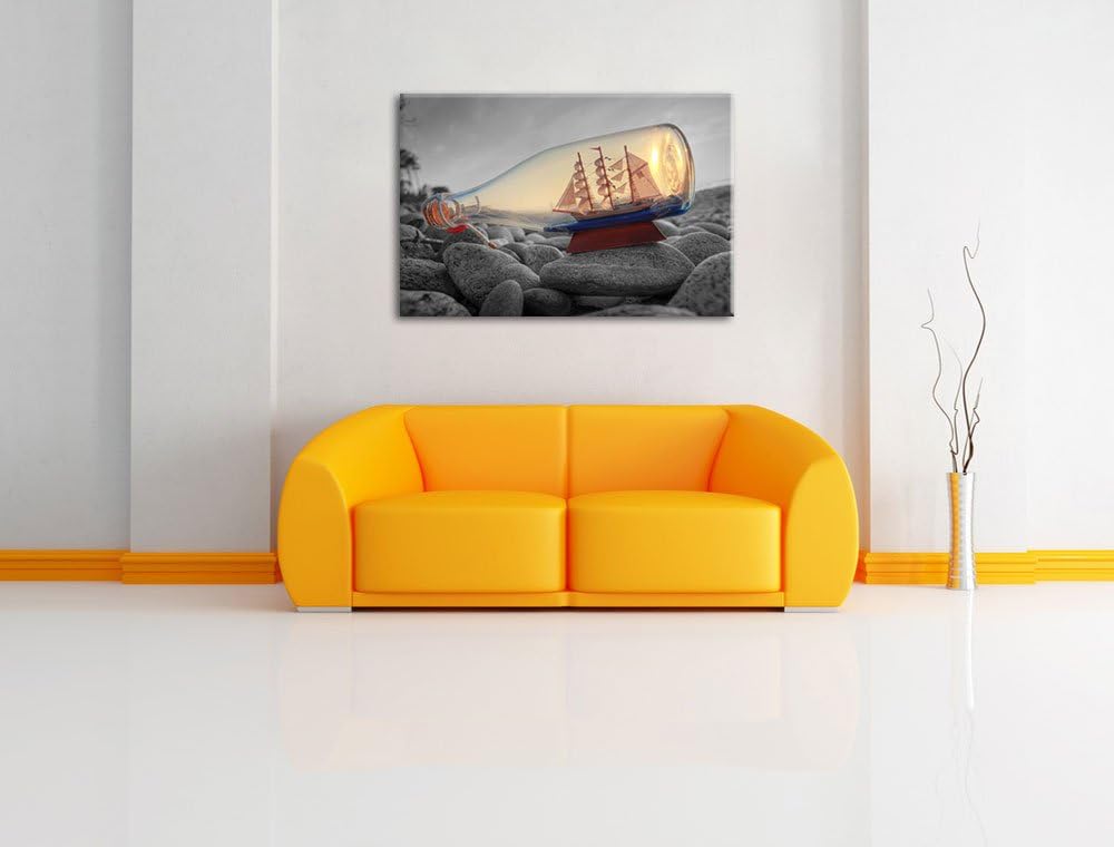 Schiff in Flasche am Steinstrand schwarz/weiss Format: 100x70 auf Leinwand, XXL riesige Bilder ferti