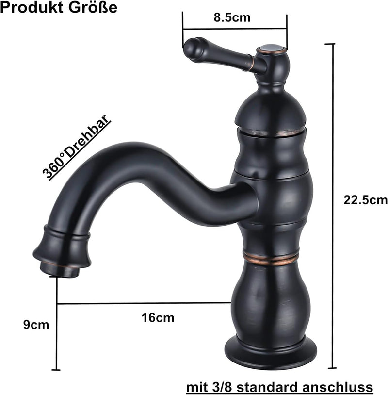 BOAOTX Wasserhahn Bad Schwarz Retro, Waschtischarmatur 360° Schwenkbar, Waschbeckenarmatur Badarmatu