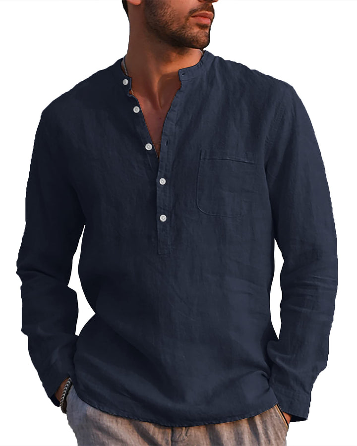 LVCBL Hemd Herren Langarm Henley Sommerhemd Herren Freizeithemd Leinenhemd Regular Fit Men Shirts XX