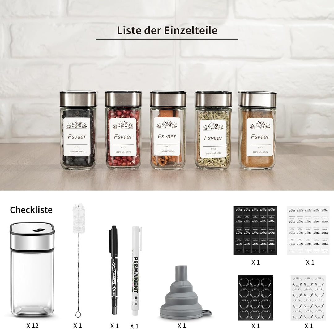 12 Gewürzgläser Eckig,120ML Gewürzdosen Set mit Streueinsatz,Gewürzstreuer mit Drehdeckel-Starke Ver