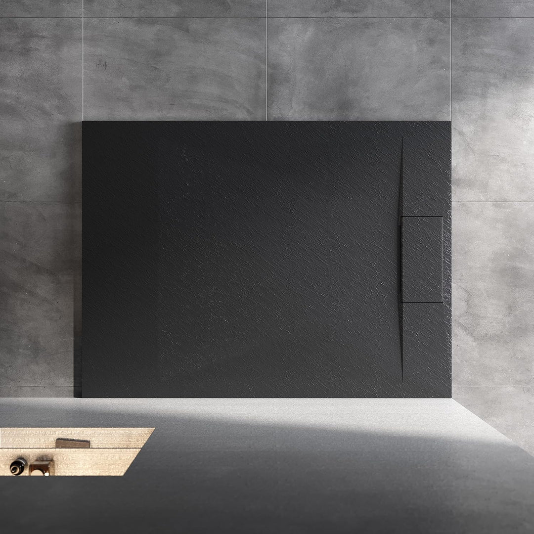 SONNI Duschwanne 140x90 cm, 32 mm Extra Flach, Schwarz, SMC, Ohne Siphon | Duschtasse, Schieferoptik