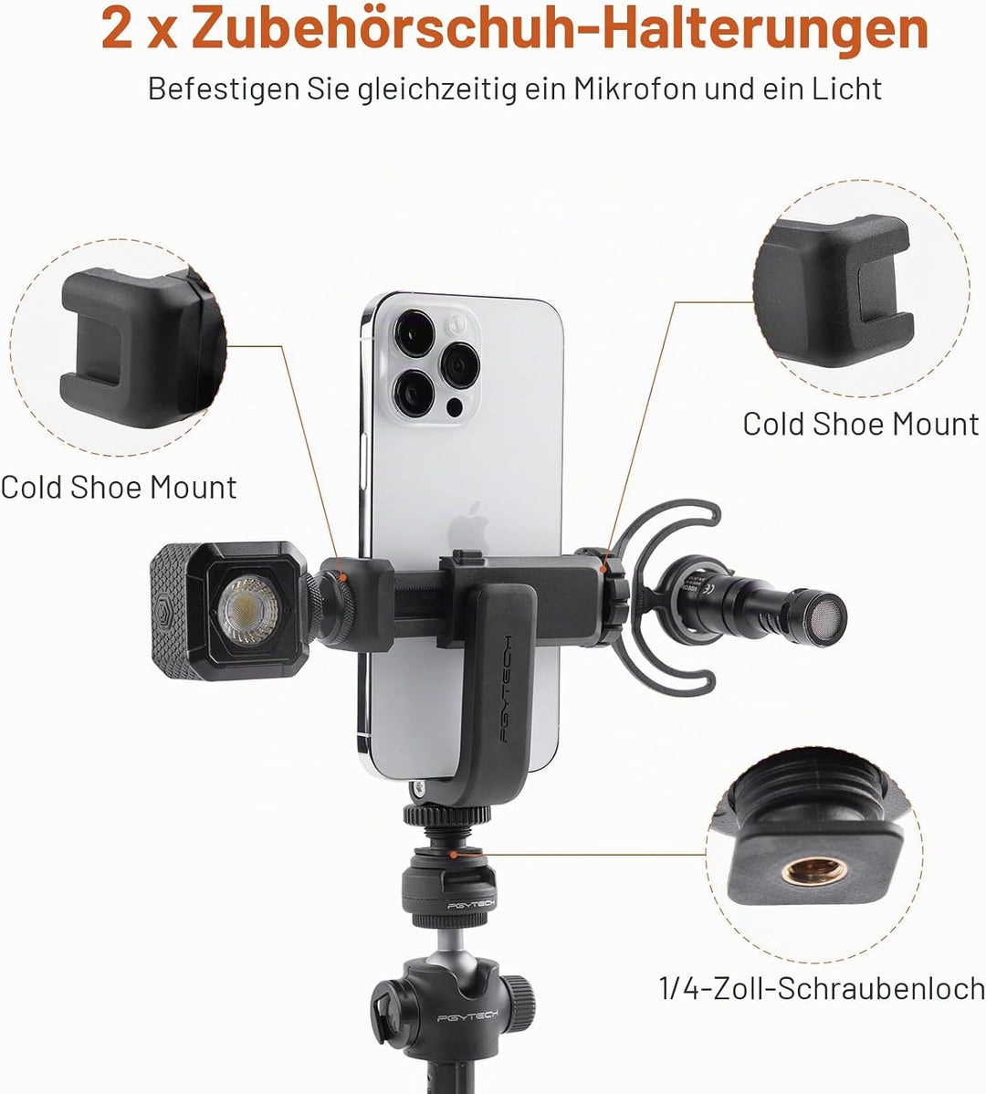 PGYTECH Cold Shoe Handyhalterung kompatibel mit iPhone/Samsung und Anderen Smartphones Phone Holder,
