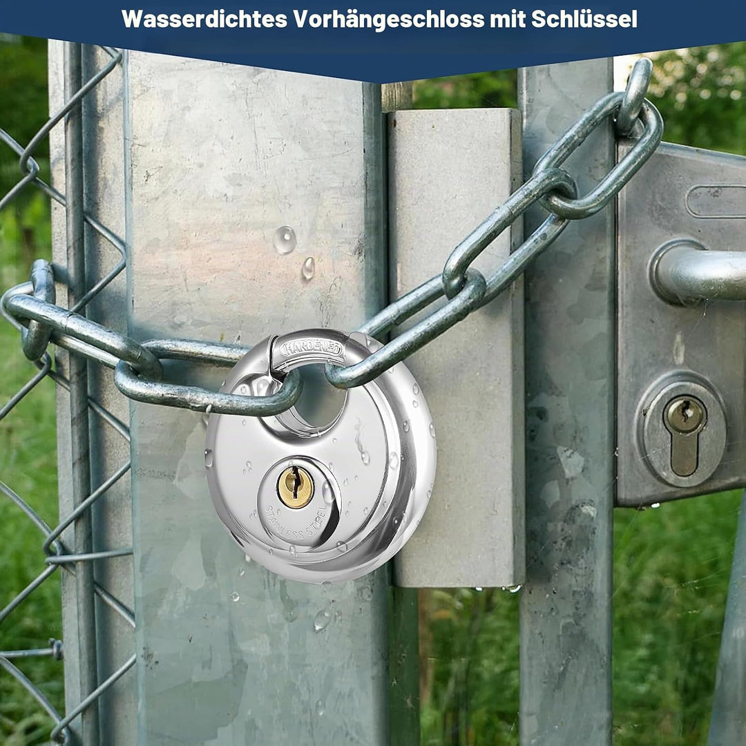 6 Stück Edelstahl Rundes Vorhängeschloss mit Schlüssel, Schweres 70 mm Schlüsselschloss für Lagercon