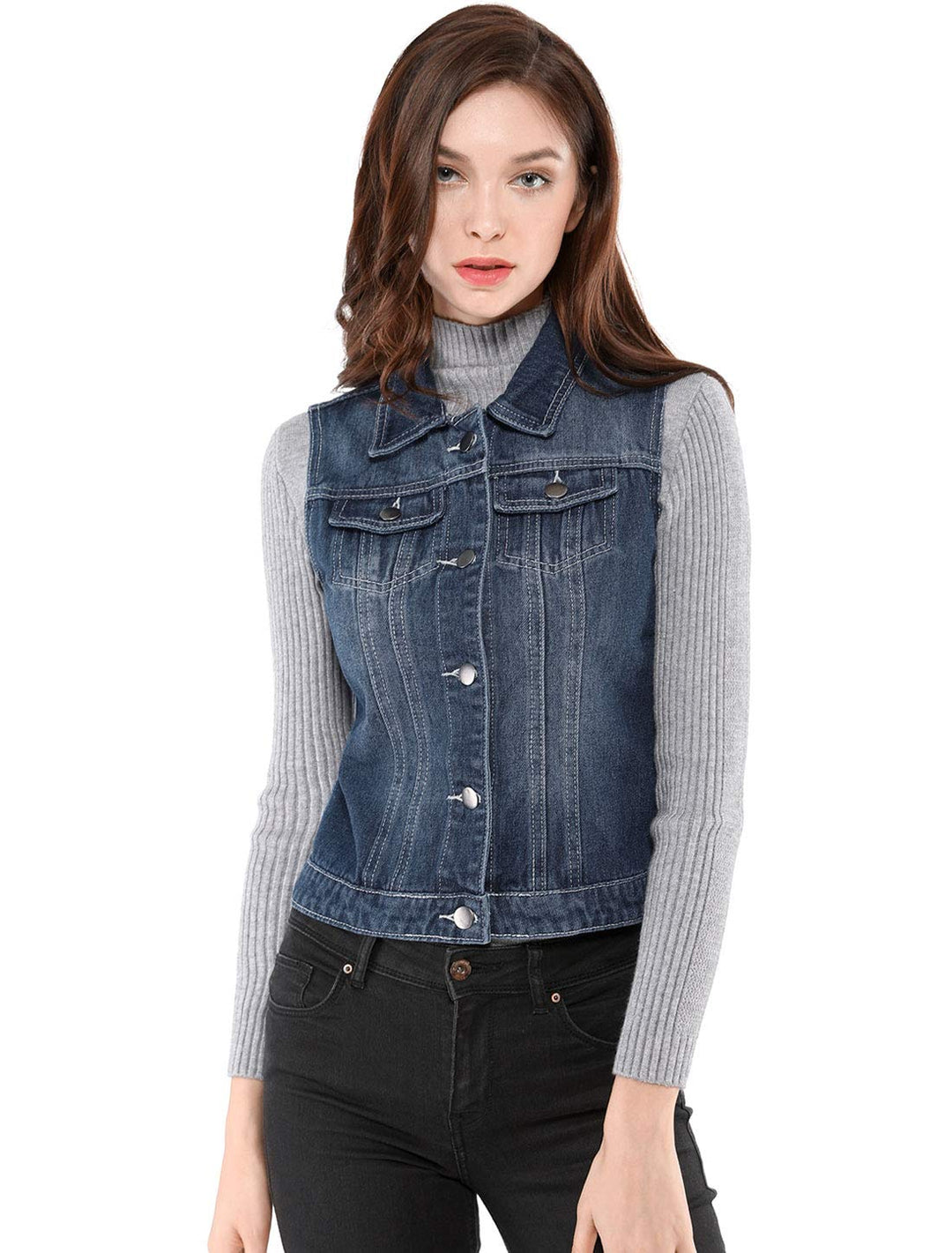 Allegra K Damen Denim Vest Collegejacke, Blau